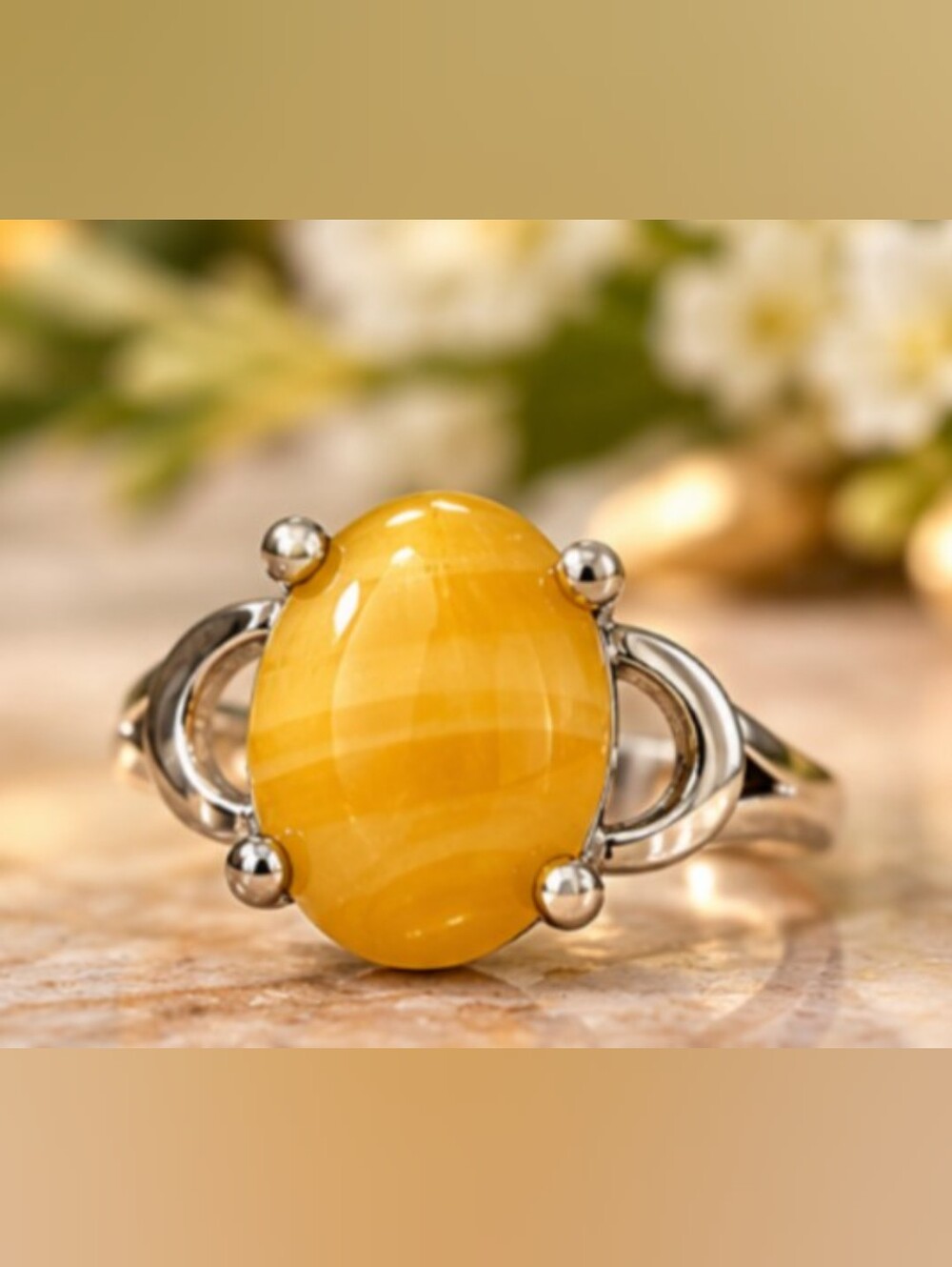 Baltic Amber Oval Ring Size 8.2 | Silver Tone Statement Ring